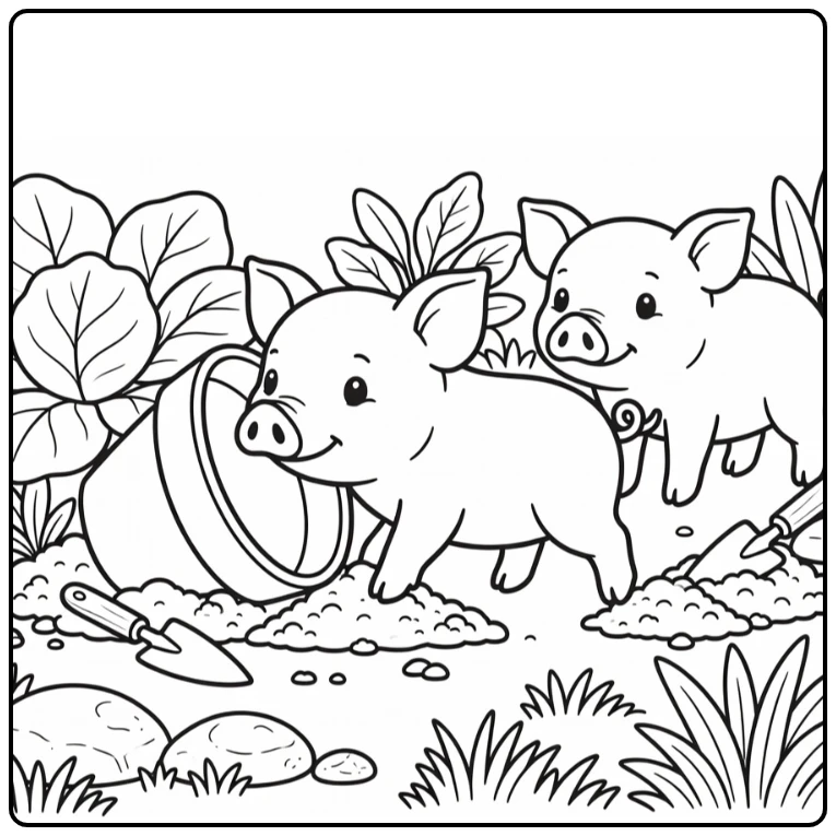 Funny pig coloring page with piglet in flowerpot