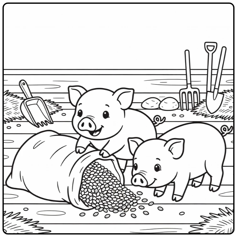 funny pig coloring page of two piglets and grain sack
