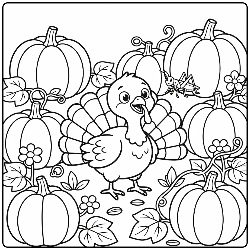 funny turkey coloring page with startled turkey and grasshopper