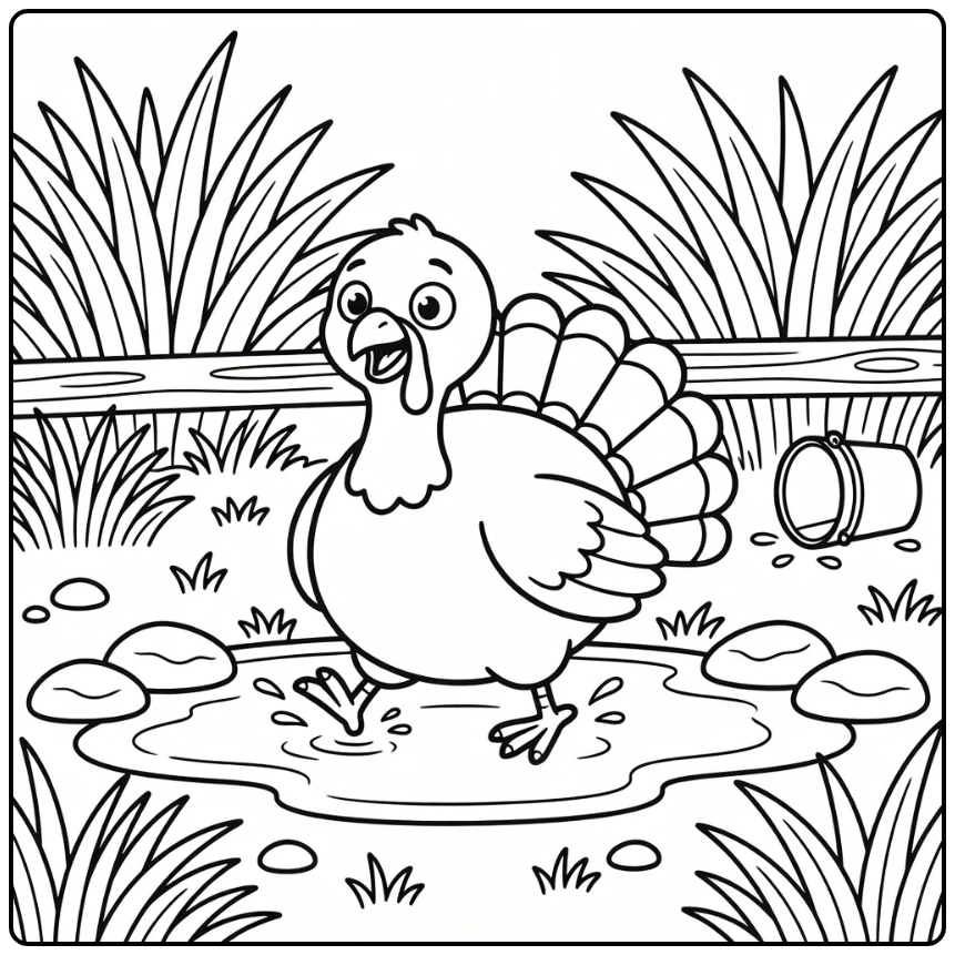 funny turkey coloring page slipping into puddle