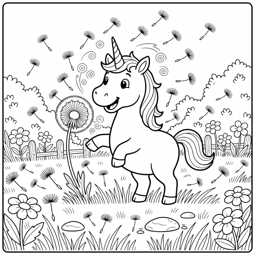 Funny unicorn coloring page: sneezing on giant dandelion puff