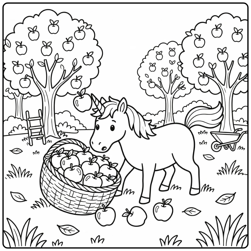 Funny unicorn coloring page: clumsy unicorn head in apple basket
