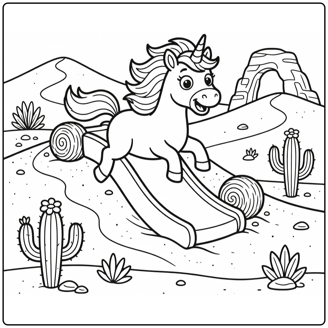 Funny unicorn coloring page: bouncy unicorn sliding dune with grin