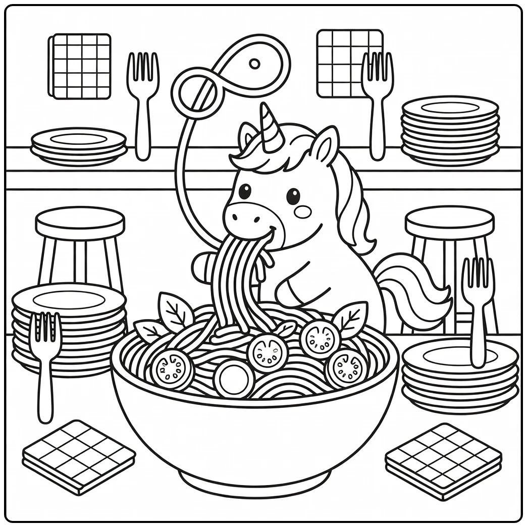 Unicorn food coloring page: pulling curly noodle from pasta