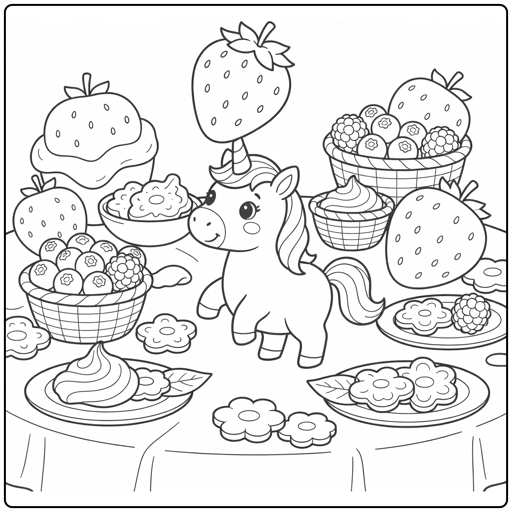 Unicorn balancing strawberry dessert unicorn food coloring page