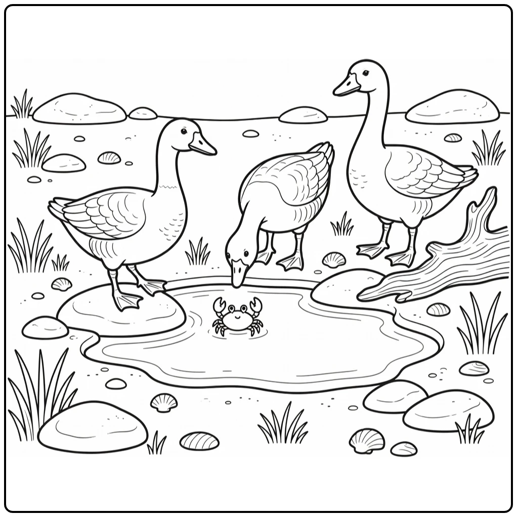 Geese coloring page with birds at quiet coastal tidepool and crab