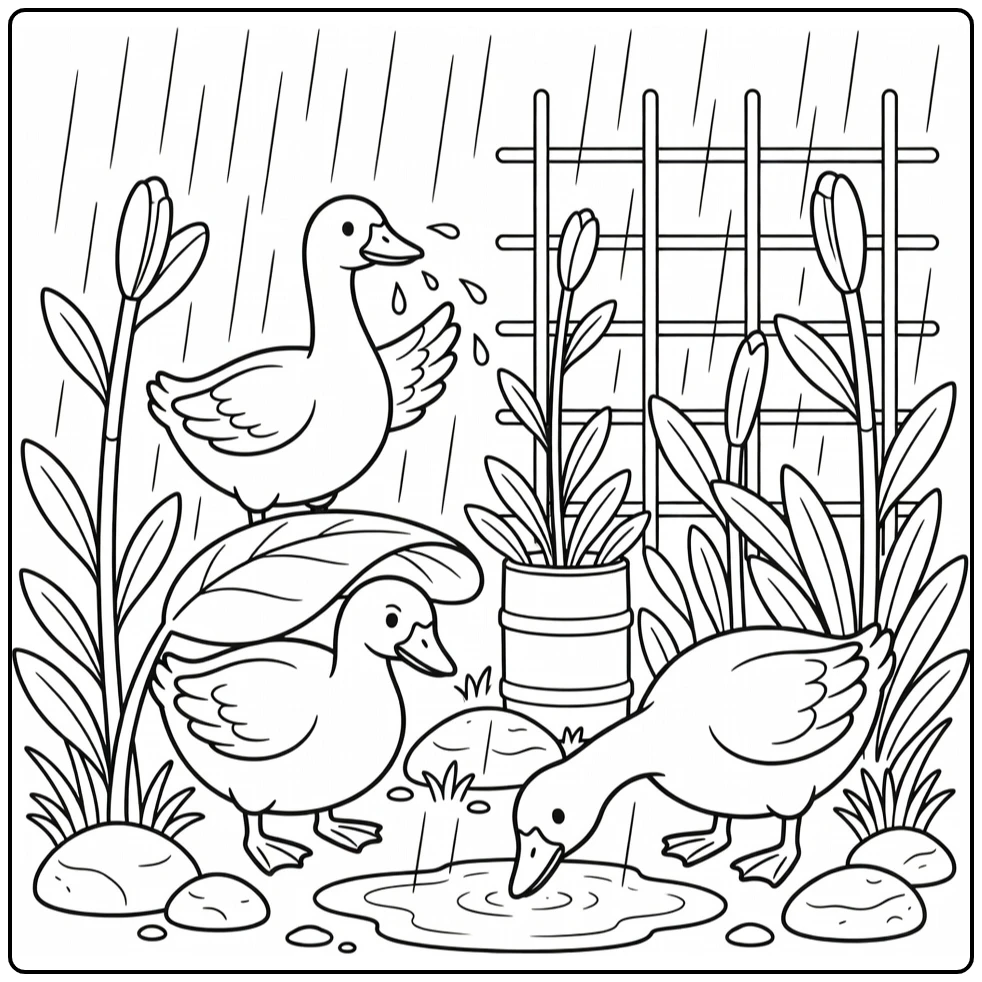 Geese coloring page of cute geese in garden rain shower