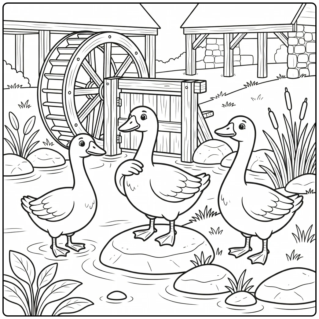 Peaceful geese coloring page by old water mill channel with reeds