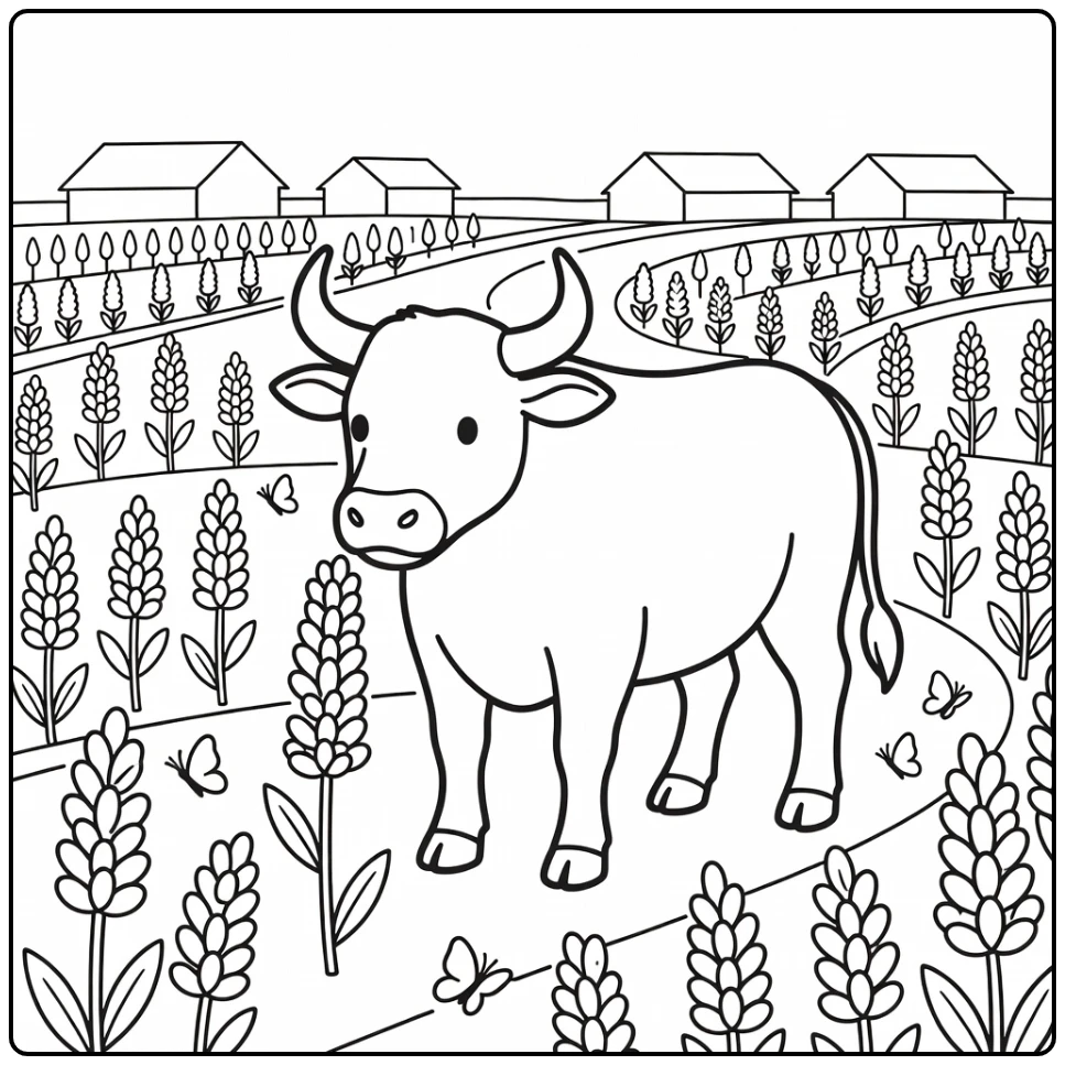 Curious bull sniffing lavender field bull coloring pages