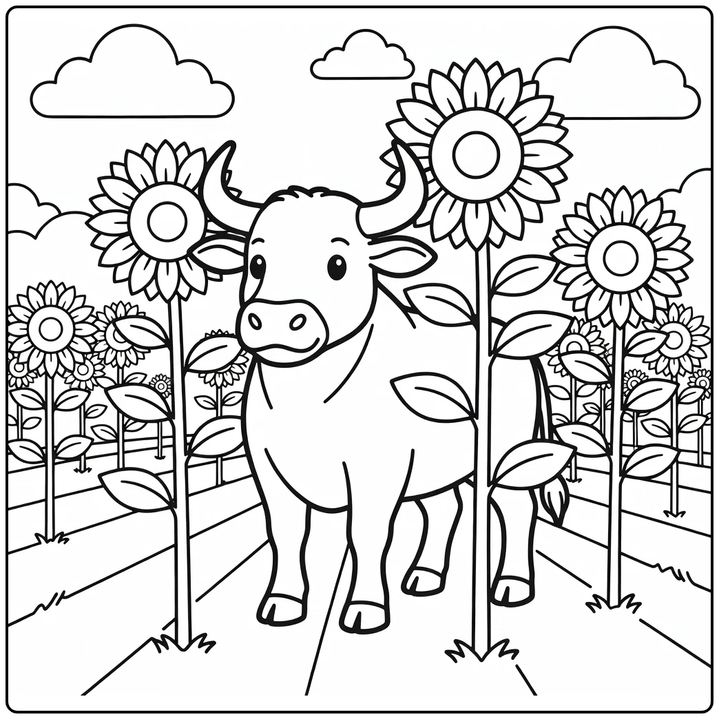 Bull turning head between sunflowers: bull coloring pages