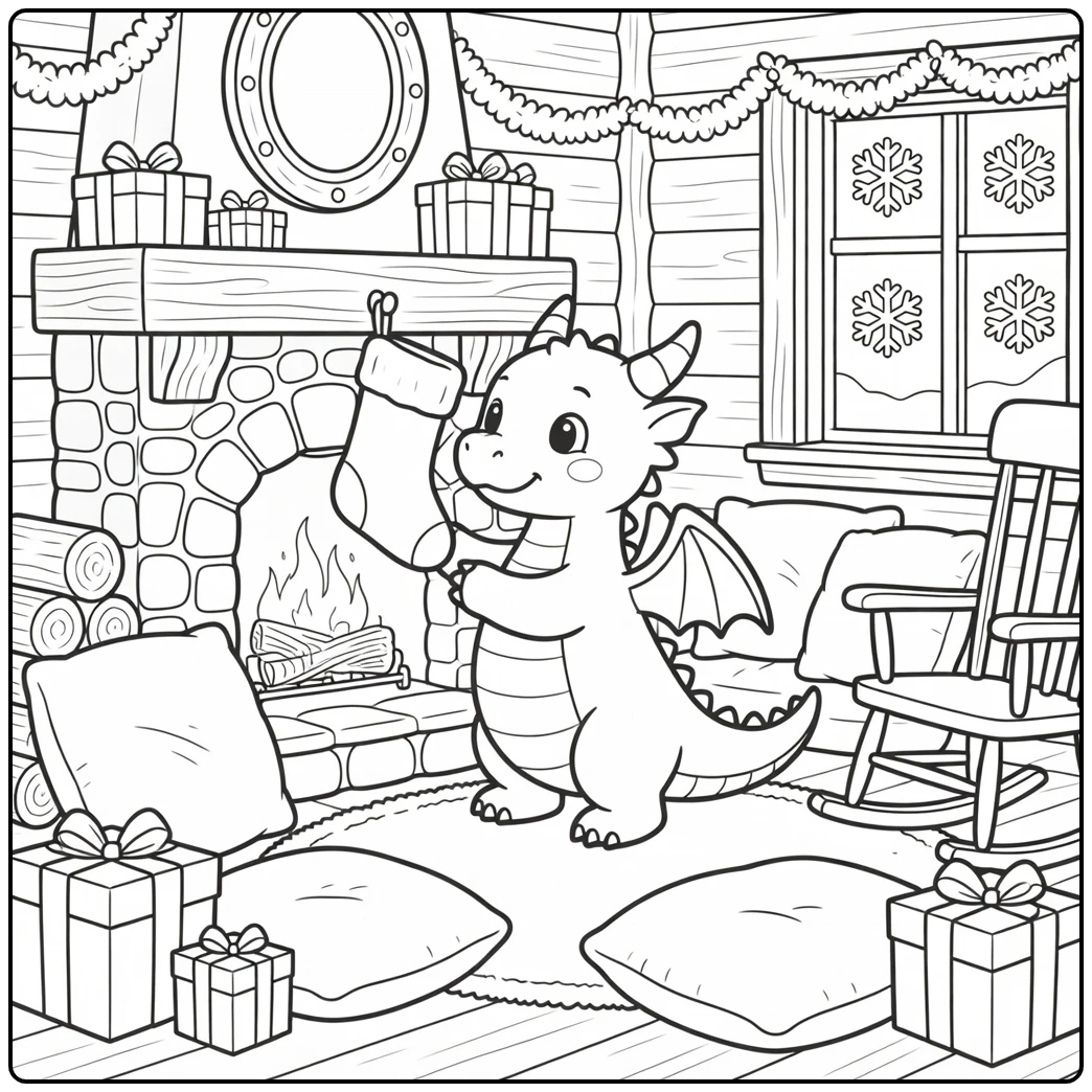 Christmas dragon coloring page: hanging stocking in cozy cabin