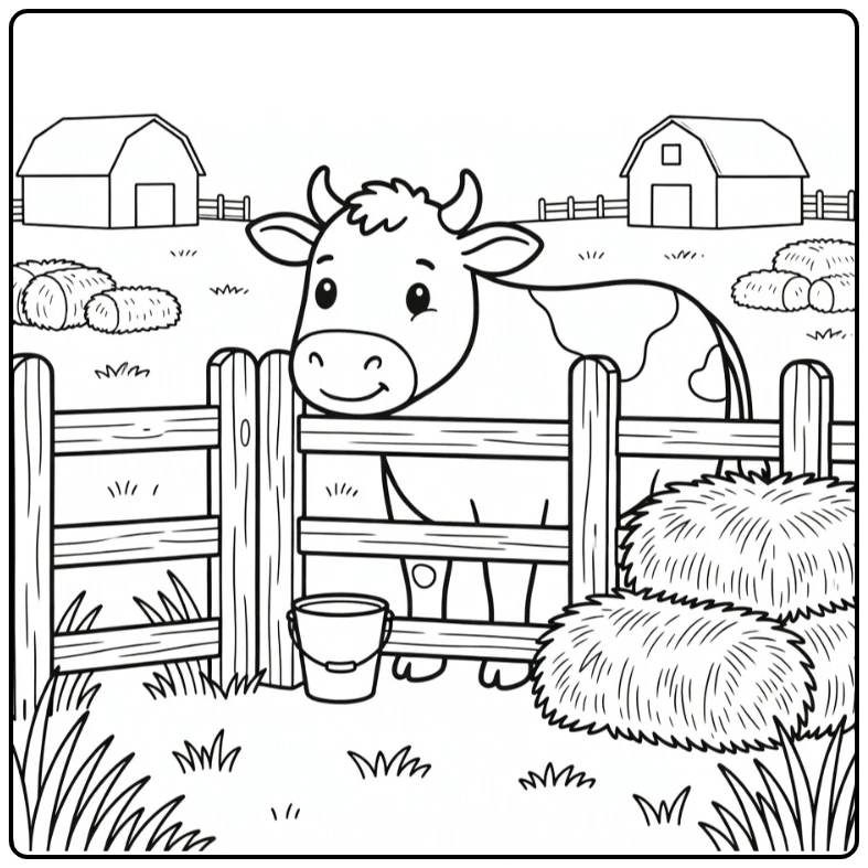 Cow nuzzling fence by gate farm animal coloring page