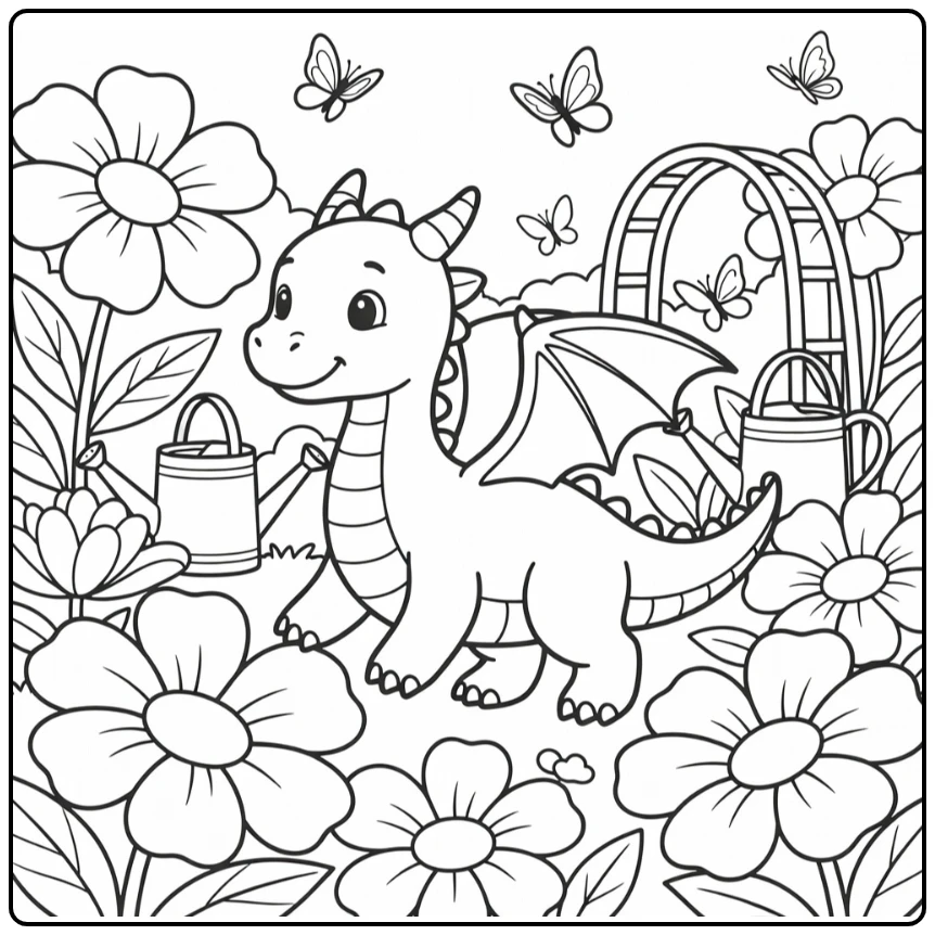 Cute dragon coloring page stepping through giant flowers
