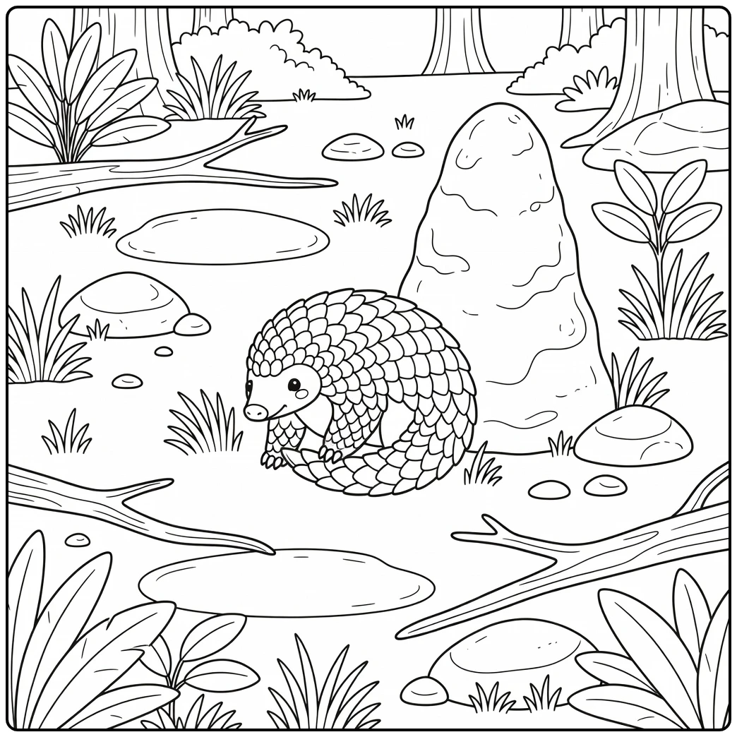 Wild animal coloring page for adults: gentle pangolin unrolling by termite mound