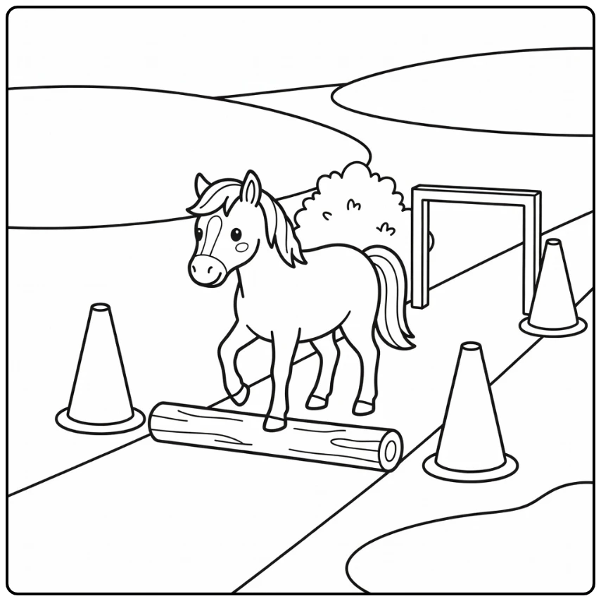 Easy farm animal coloring page: pony steps over log with cones