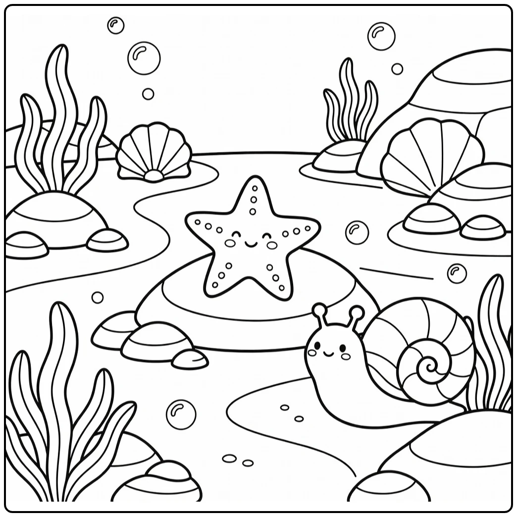 Easy sea animals coloring page: starfish on reef, snail by shell