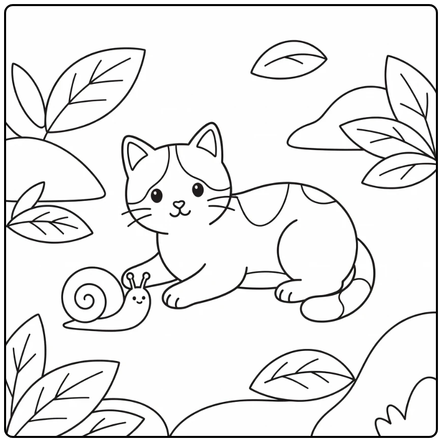 Tuxedo cat coloring pages: curious cat watches snail by paw