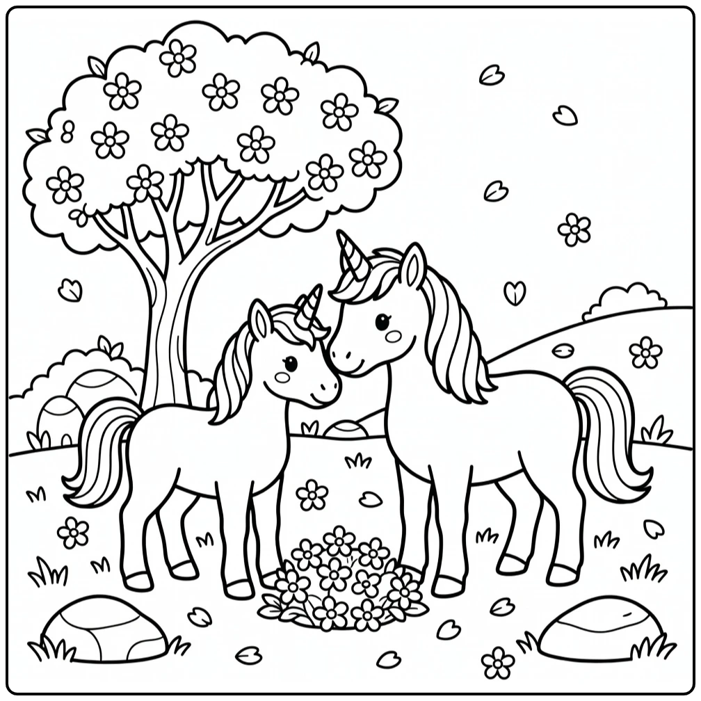 Unicorn foal nuzzling mother unicorn coloring pages