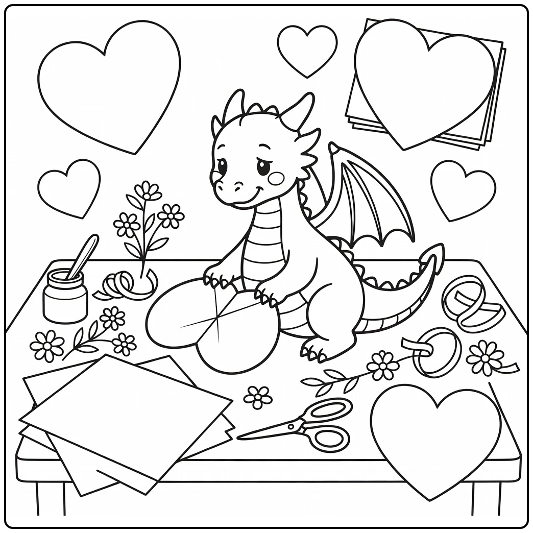 Shy dragon folds heart card at craft table, dragon valentine coloring page