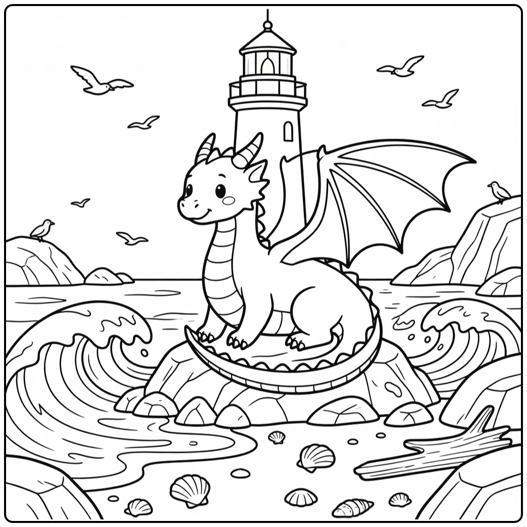 Dragon coloring page: western dragon coils around lighthouse on rocky shore
