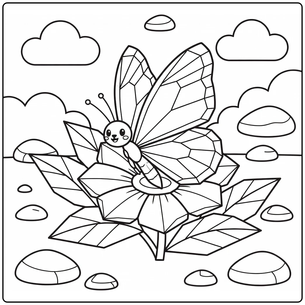 Geometric animal coloring page: polygonal butterfly on flower