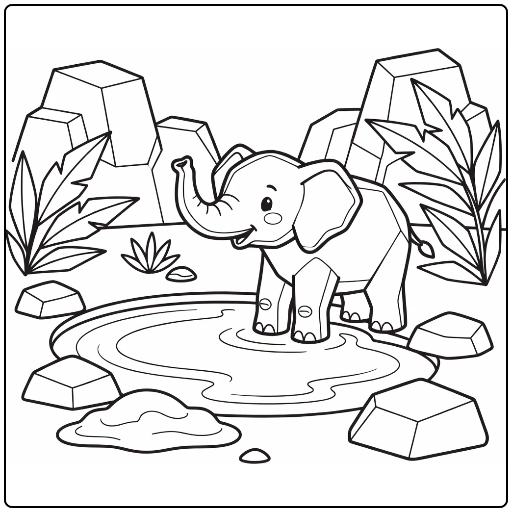 Geometric animal coloring page: polygonal elephant calf lifts trunk by watering hole