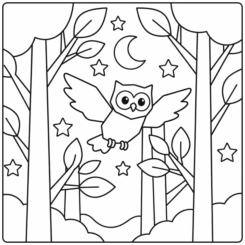 Geometric animal coloring page: polygonal owl gliding between trees