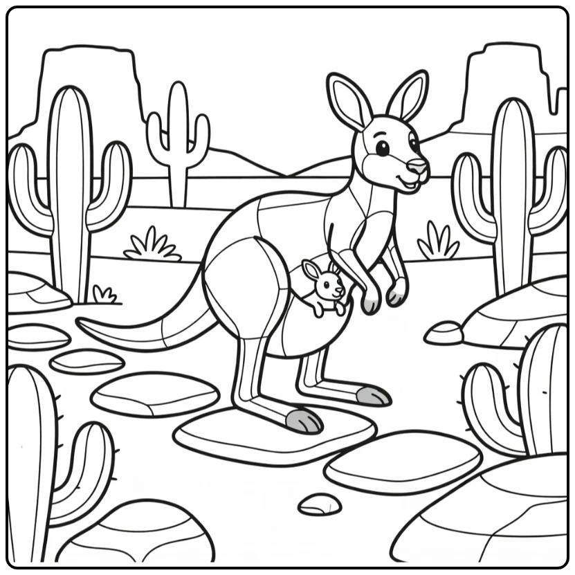 Geometric animal coloring page: polygonal kangaroo hopping with joey