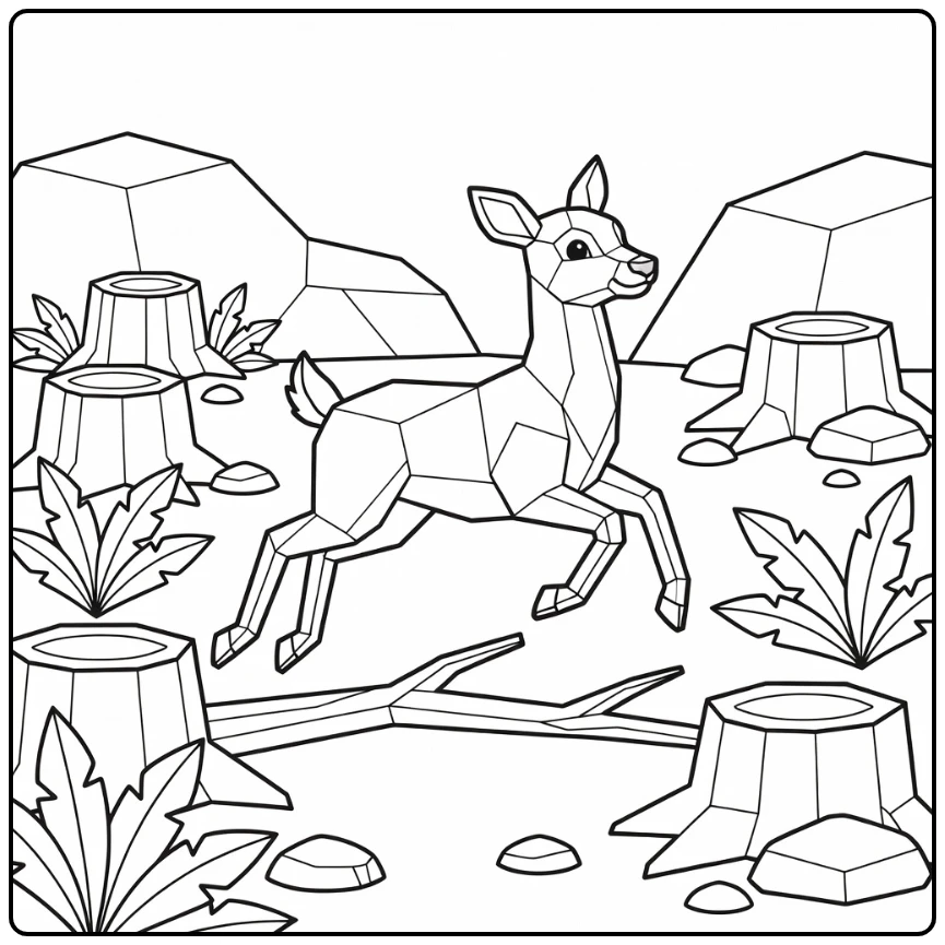 Geometric animal coloring page: polygonal deer leaping over branch