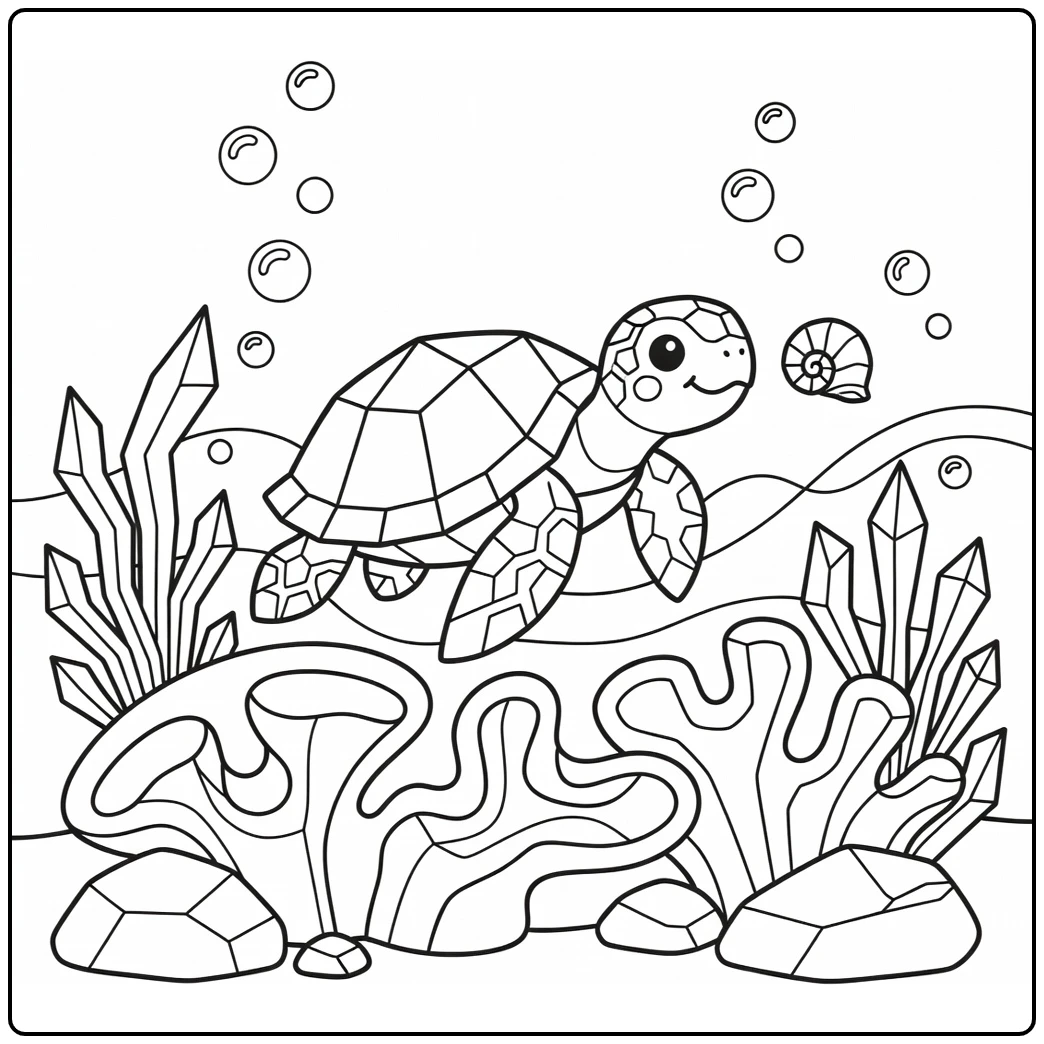 Geometric animal coloring page: faceted sea turtle swims over corals