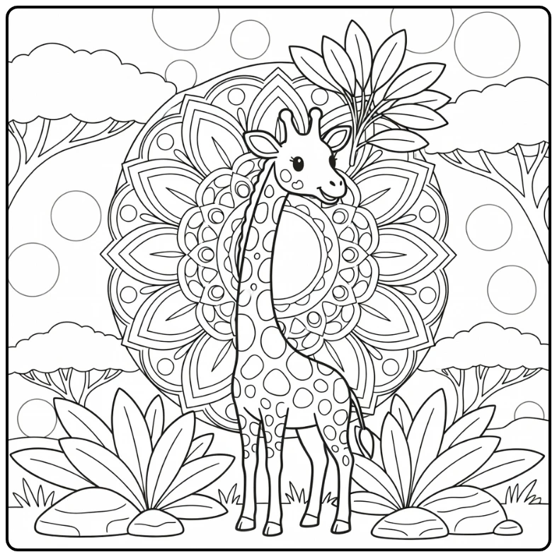 Animal mandala coloring pages: giraffe reaching savanna leaves