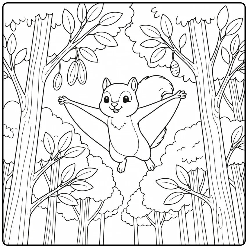 Flying squirrel gliding in forest animals coloring page