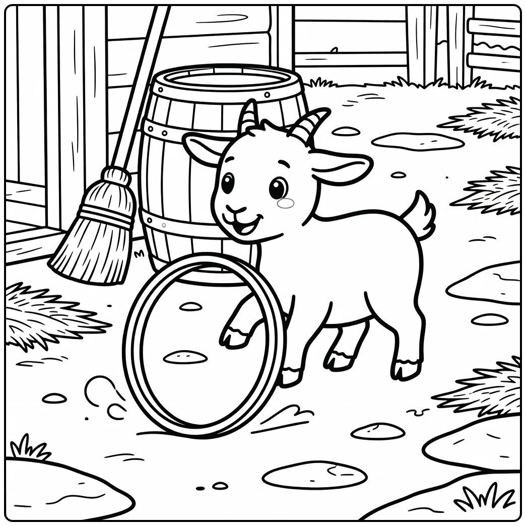Goat coloring page with playful barrel hoop scene