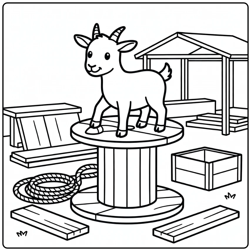 Goat coloring page with goat on wooden spool edge