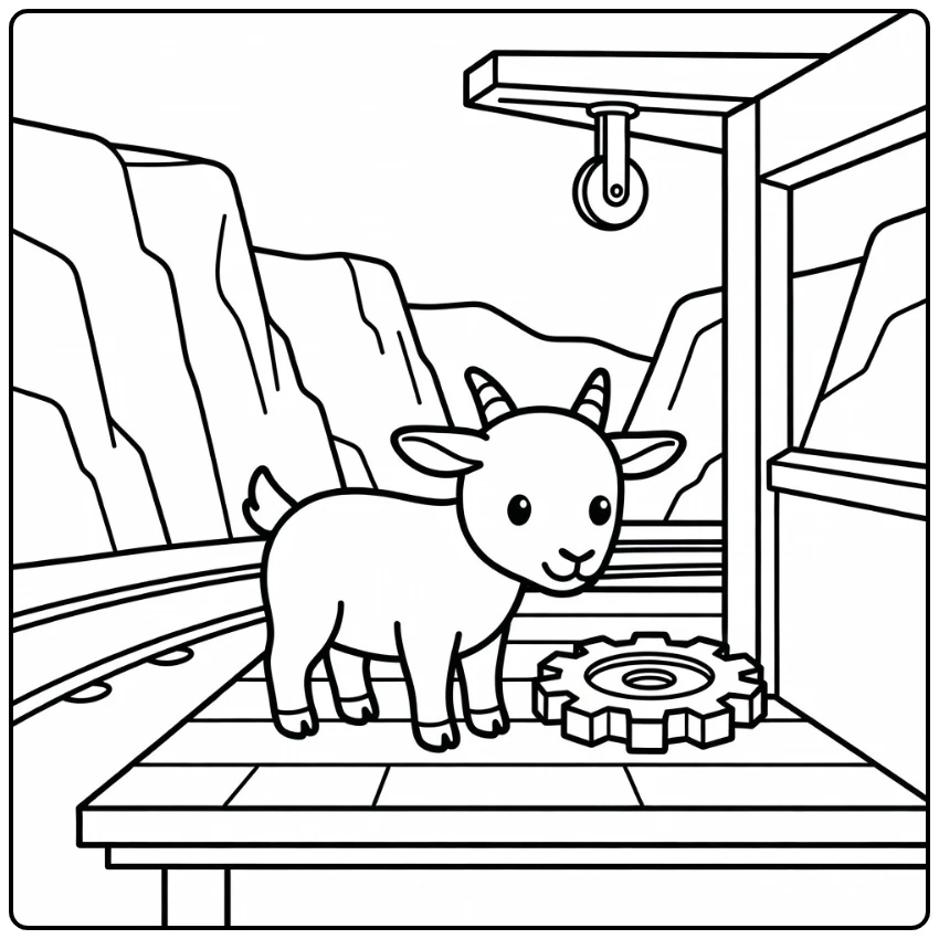 Goat coloring page sniffing gear at mountain station
