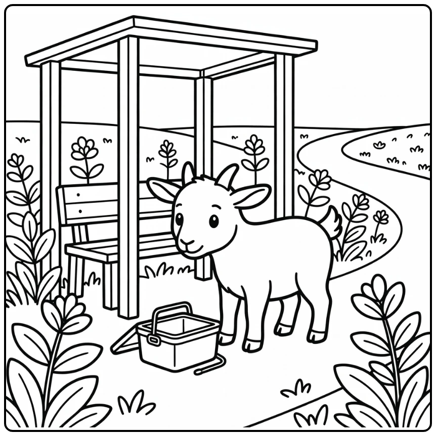 Goat coloring page sniffing lunch pail at rural bus shelter