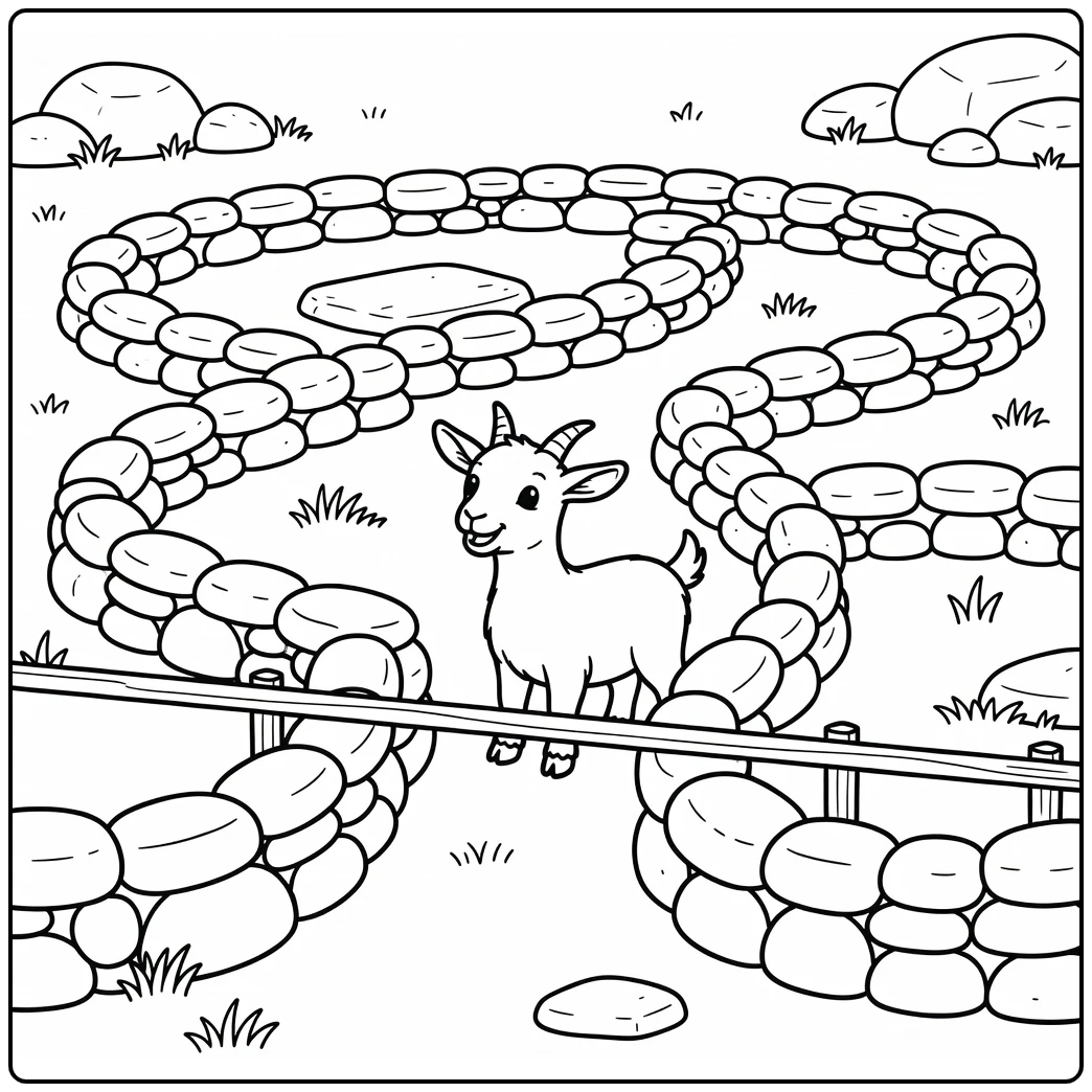 Charming goat coloring page with maze walls and farm elements