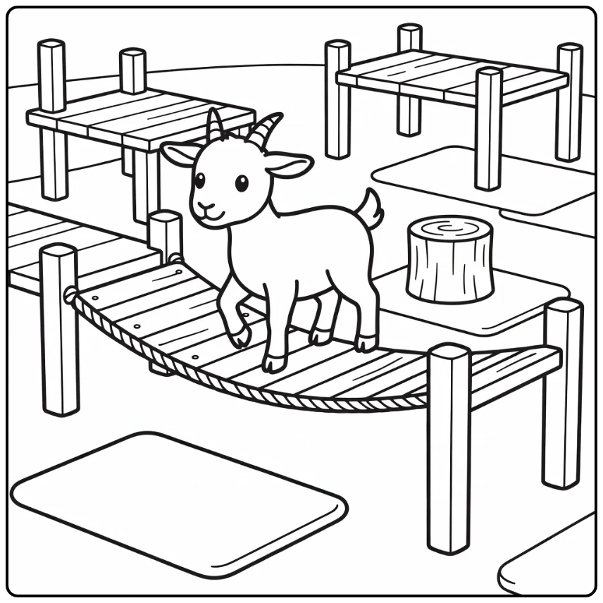 Goat coloring page of agile goat on rope bridge
