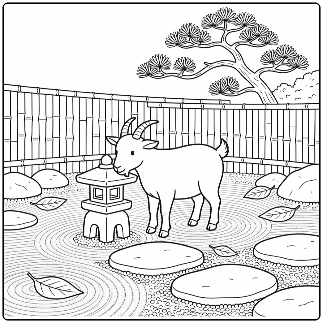 Goat coloring page for adults in quiet mountain courtyard