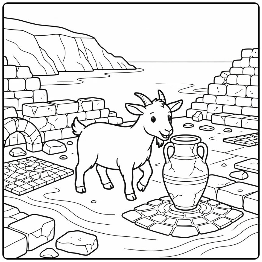Goat coloring page for adults exploring seaside stone ruins