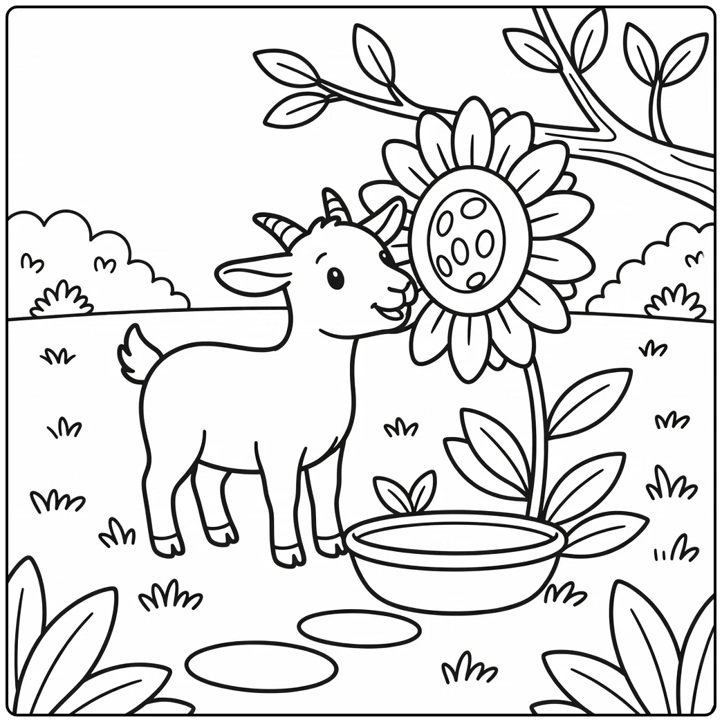 Goat Coloring Page for Kids with Sunflower Feeder