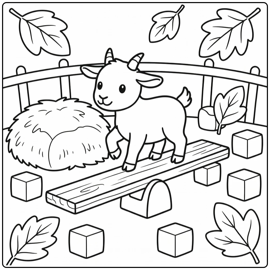 goat coloring page for kids with goat on wooden seesaw