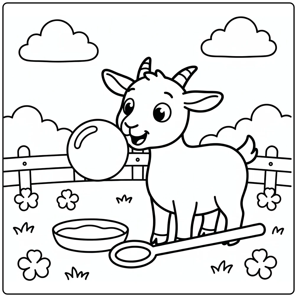 Goat Coloring Page for Kids Showing Goat Sniffing Bubble