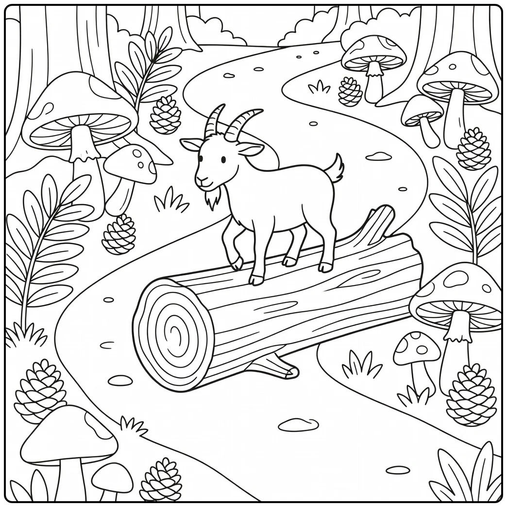 Goat coloring page with forest log and mushrooms