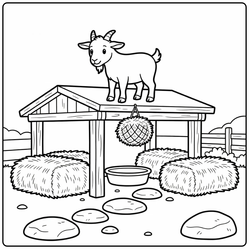 Goat coloring page of proud goat on shed roof