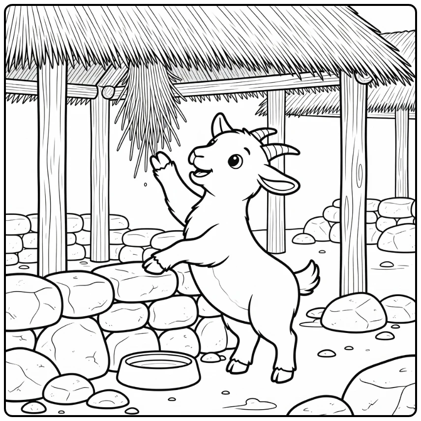 Goat coloring page of goat reaching straw from thatched shelter