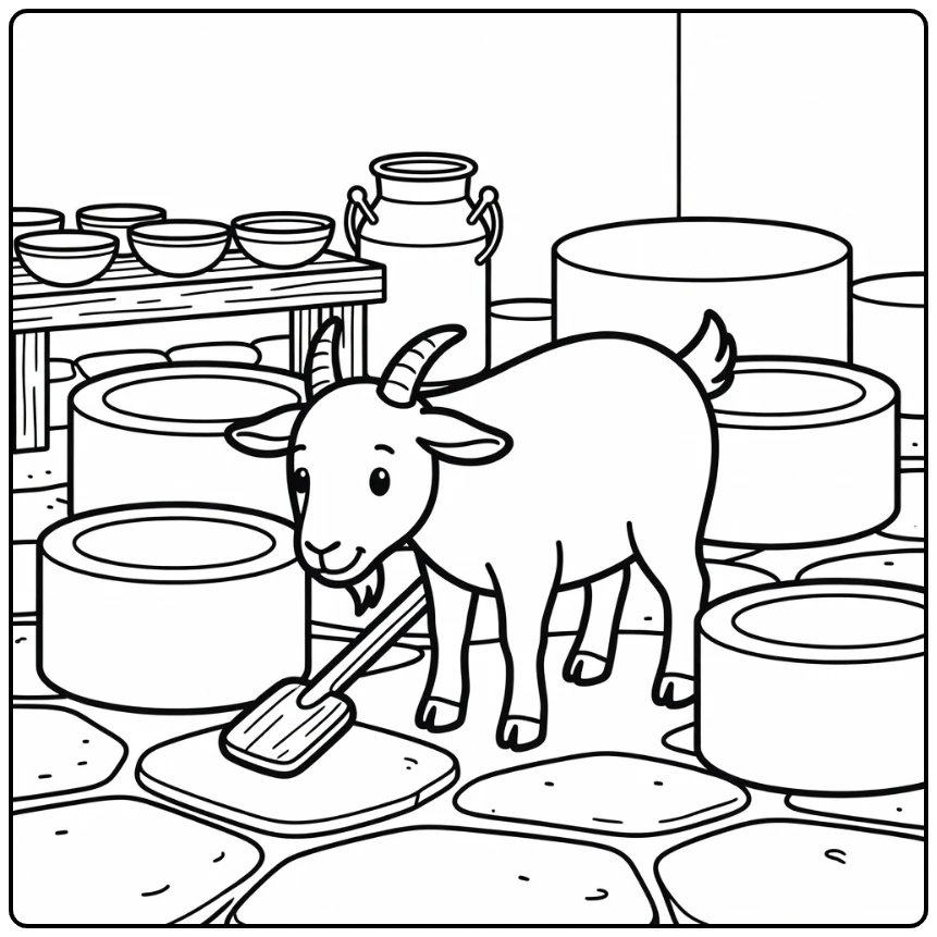 Goat coloring page with cheese molds and paddle
