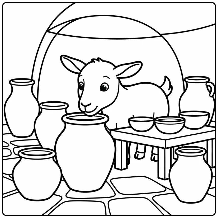 Goat coloring page with curious goat sniffing clay jar