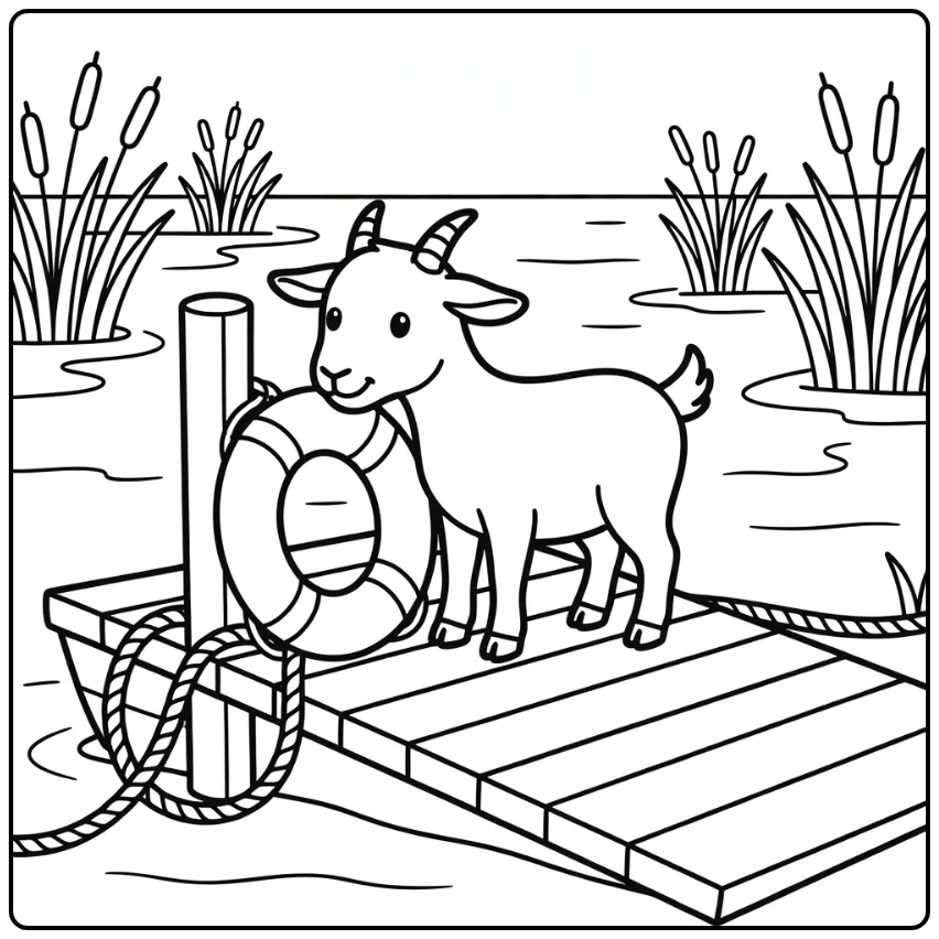 Goat coloring page of goat sniffing life ring on boat ramp
