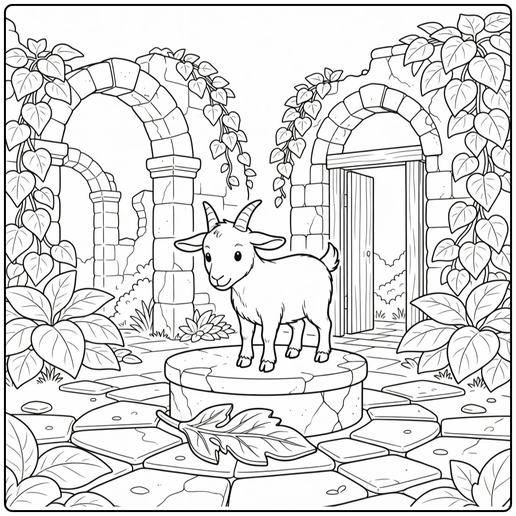 goat coloring page with goat on pedestal in ruined courtyard